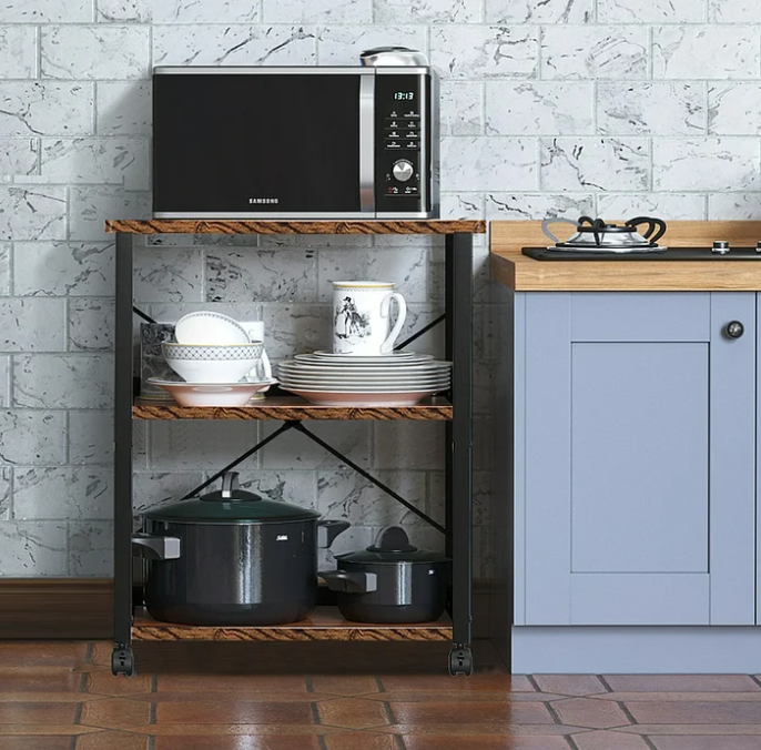 UBesGoo Kitchen Utility Cart, Microwave Table Stand, Rolling Small Kitchen Coffee Cart Organizer with Metal Frame, Vintage/Black