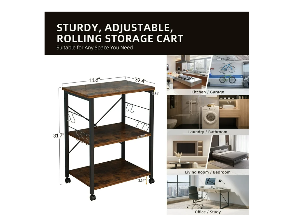UBesGoo Kitchen Utility Cart, Microwave Table Stand, Rolling Small Kitchen Coffee Cart Organizer with Metal Frame, Vintage/Black
