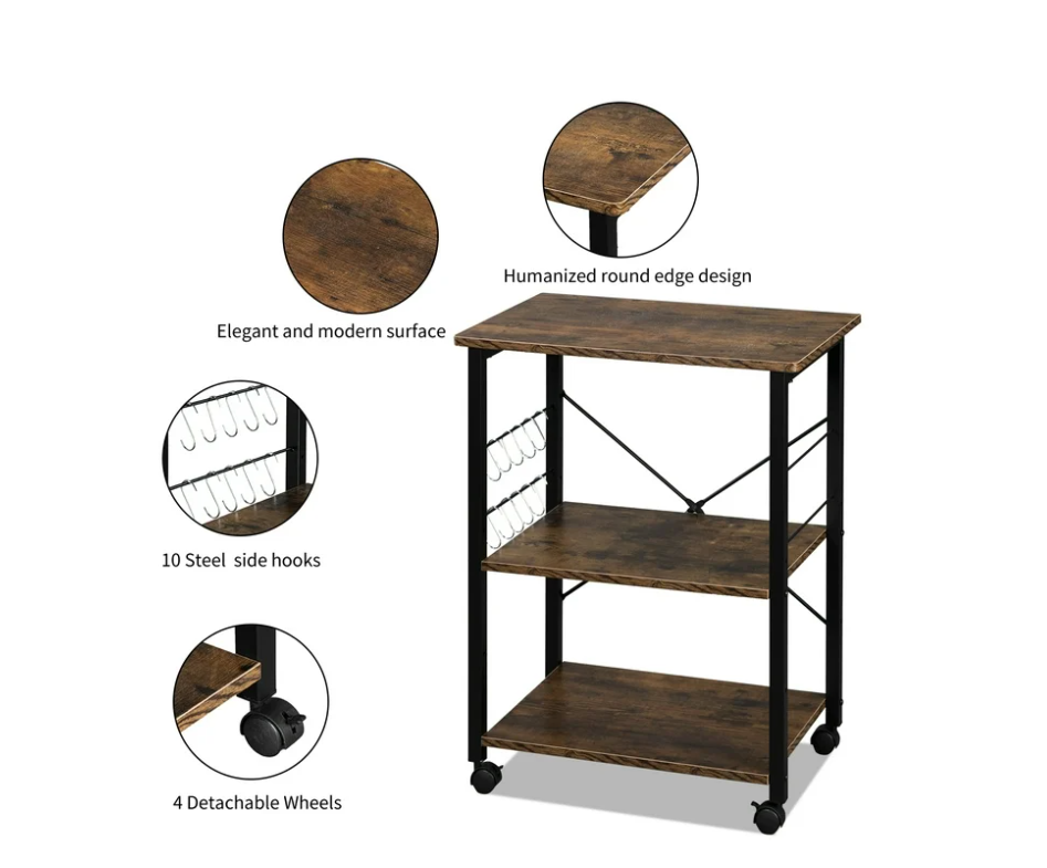 UBesGoo Kitchen Utility Cart, Microwave Table Stand, Rolling Small Kitchen Coffee Cart Organizer with Metal Frame, Vintage/Black