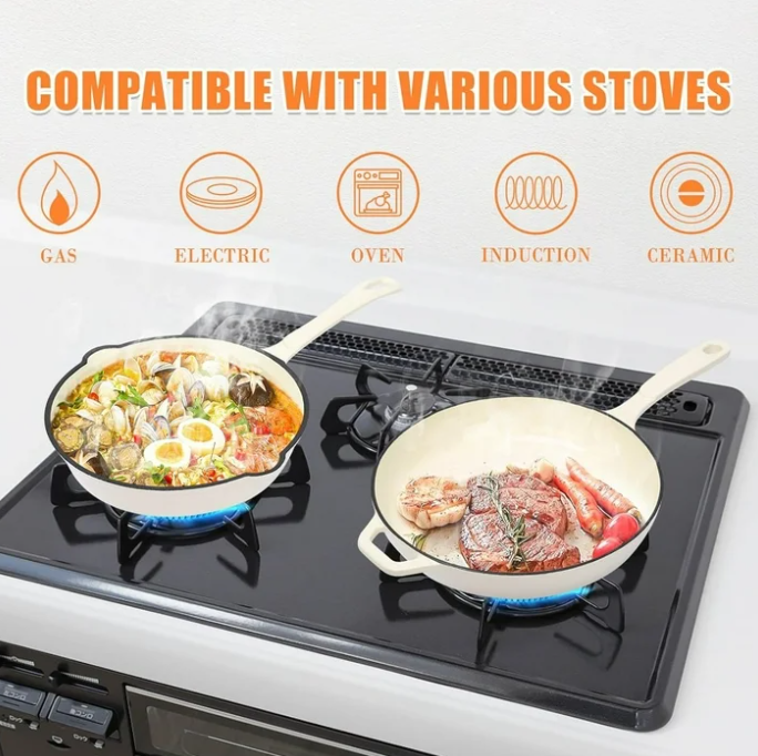 Enameled Cast Iron Frying Pan Set, 3 Piece Set of Skillets Nonstick Fry Pan Cookware Set, Nontoxic Ceramic Coated, Gas/Induction/Electric/Oven Compatible, Cream White