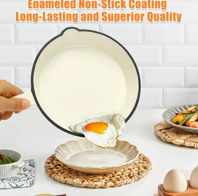 Enameled Cast Iron Frying Pan Set, 3 Piece Set of Skillets Nonstick Fry Pan Cookware Set, Nontoxic Ceramic Coated, Gas/Induction/Electric/Oven Compatible, Cream White