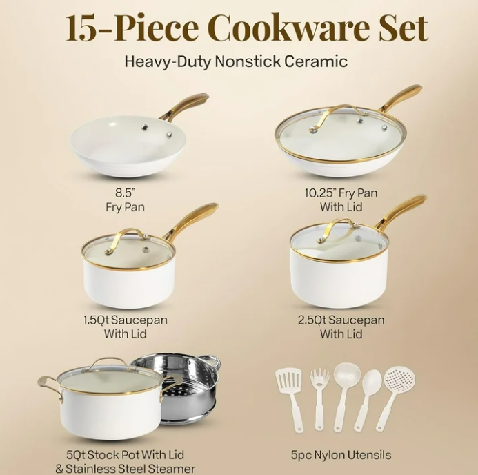 GOTHAM STEEL 15 Pc Ceramic Cookware Set Nonstick, Pots and Pans Set Non Stick for Kitchen with Frying Pan, Sauce Pan, Pots and Pans for Cooking, Non Toxic Cookware Sets, Oven and Dishwasher Safe