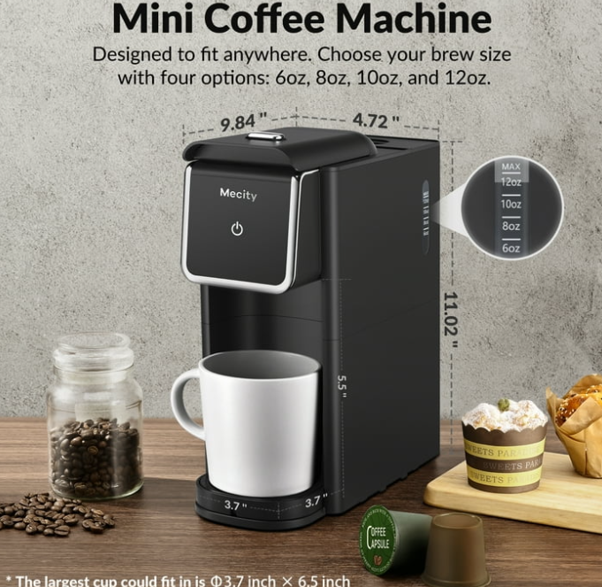 Mecity Stainless Steel Coffee Maker - Single Serve for Ground Coffee & Loose Tea, 6-12 Oz Brew Sizes, Black