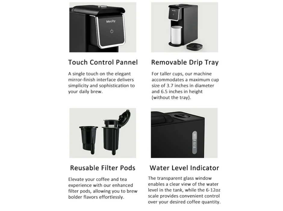 Mecity Stainless Steel Coffee Maker - Single Serve for Ground Coffee & Loose Tea, 6-12 Oz Brew Sizes, Black