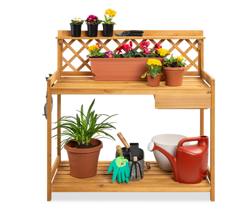 Best Choice Products Outdoor Wooden Garden Potting Bench, Workstation Table w/ Cabinet Drawer, Open Shelf - Natural