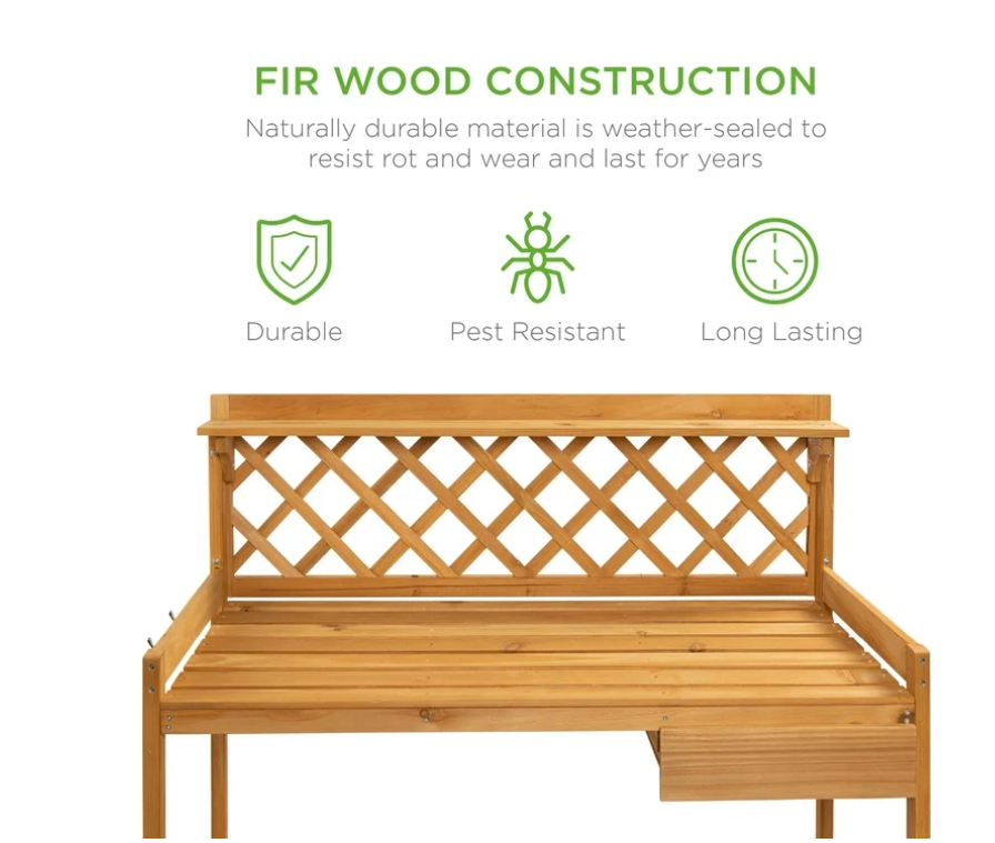 Best Choice Products Outdoor Wooden Garden Potting Bench, Workstation Table w/ Cabinet Drawer, Open Shelf - Natural