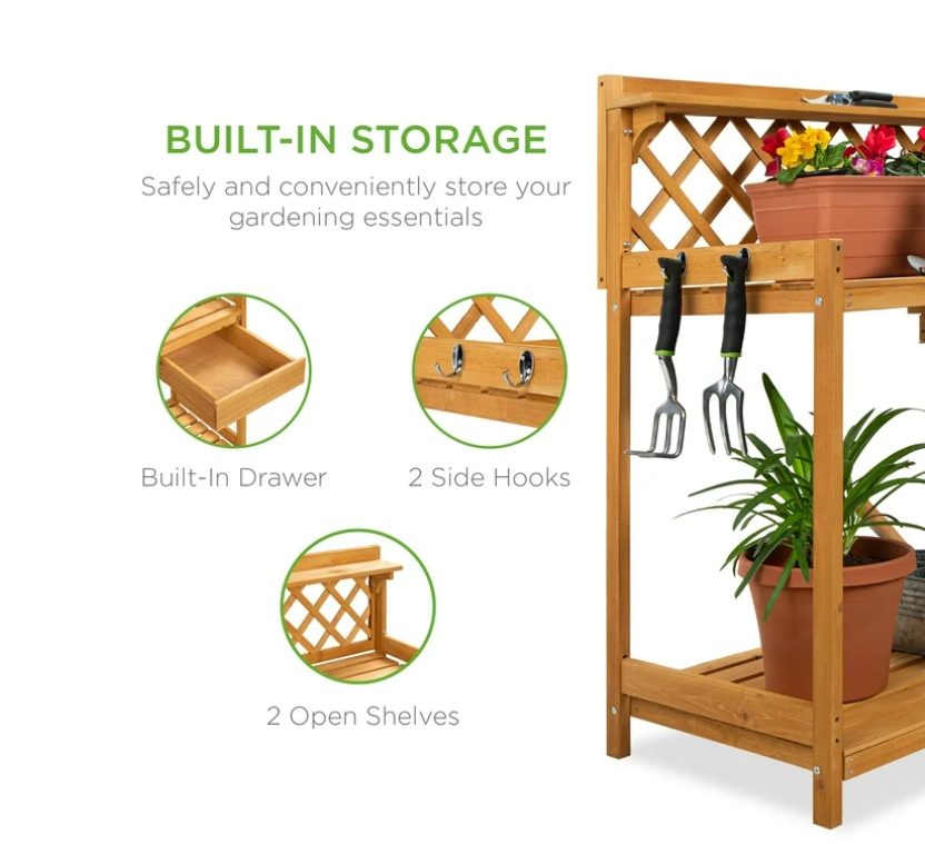 Best Choice Products Outdoor Wooden Garden Potting Bench, Workstation Table w/ Cabinet Drawer, Open Shelf - Natural