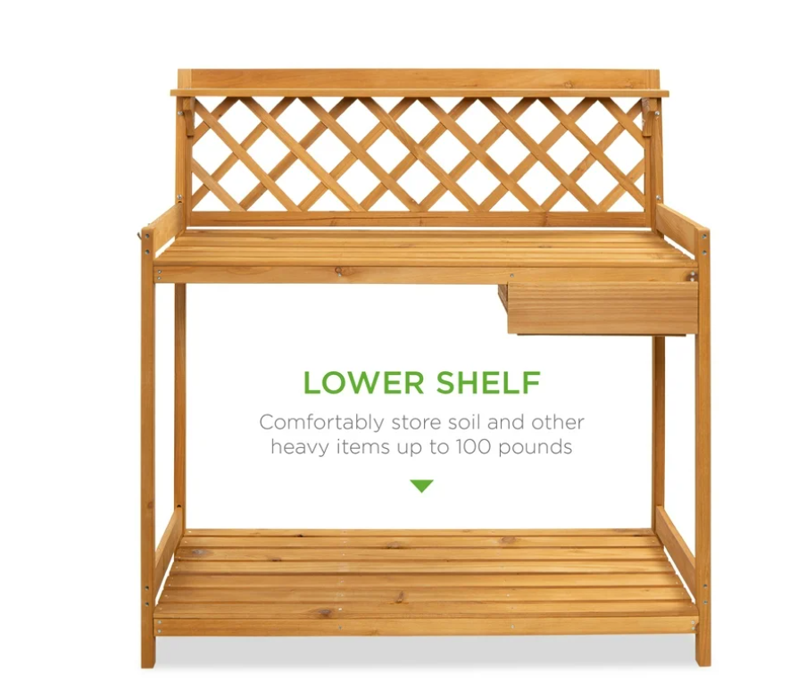 Best Choice Products Outdoor Wooden Garden Potting Bench, Workstation Table w/ Cabinet Drawer, Open Shelf - Natural