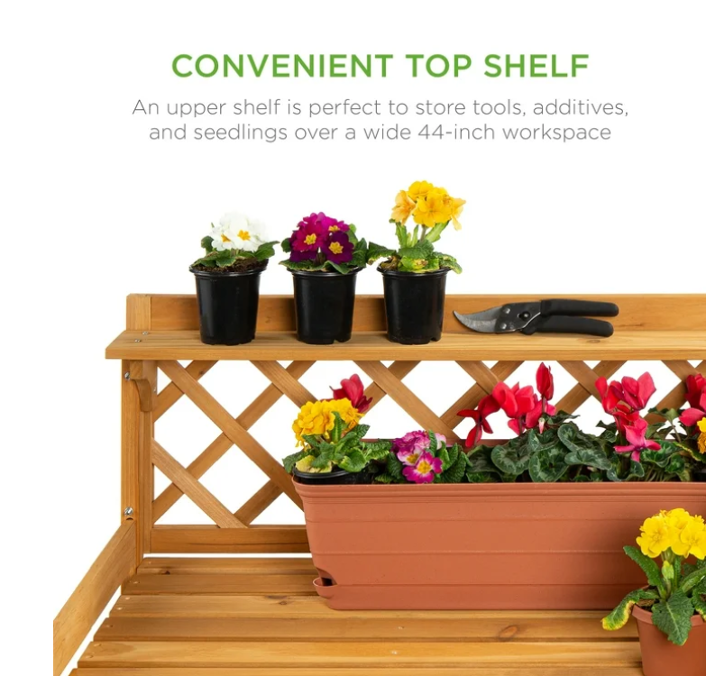 Best Choice Products Outdoor Wooden Garden Potting Bench, Workstation Table w/ Cabinet Drawer, Open Shelf - Natural