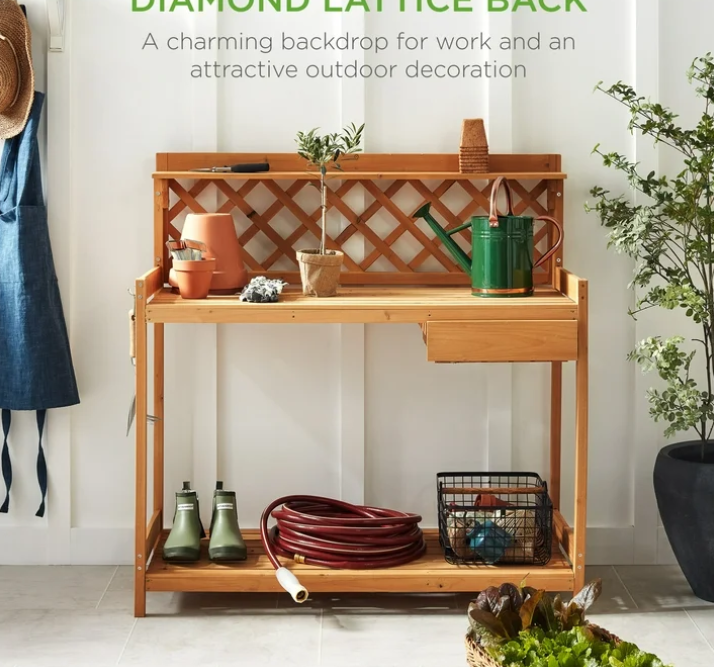 Best Choice Products Outdoor Wooden Garden Potting Bench, Workstation Table w/ Cabinet Drawer, Open Shelf - Natural