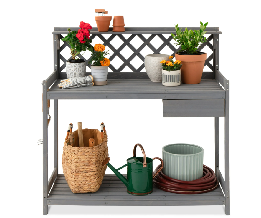 Best Choice Products Outdoor Wooden Garden Potting Bench, Workstation Table w/ Cabinet Drawer, Open Shelf - Natural
