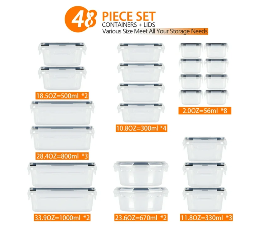 48 PCS Plastic Food Storage Containers with Lids (24 Containers & 24 Lids), Leakproof BPA-Free Containers for Kitchen Organization, Meal Prep, Reusable Lunch Container