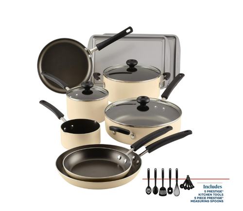 Farberware Easy Clean 22 Piece Nonstick Aluminum Cookware Set, Almond