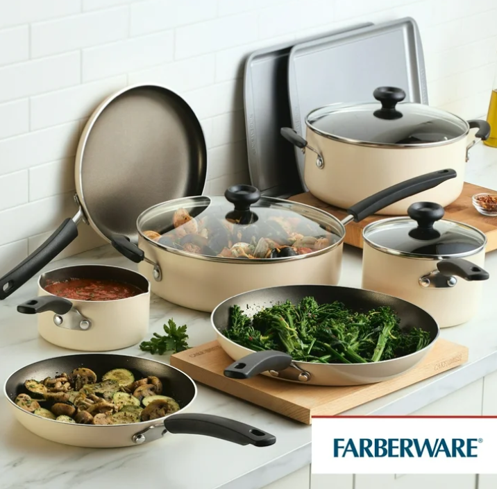 Farberware Easy Clean 22 Piece Nonstick Aluminum Cookware Set, Almond