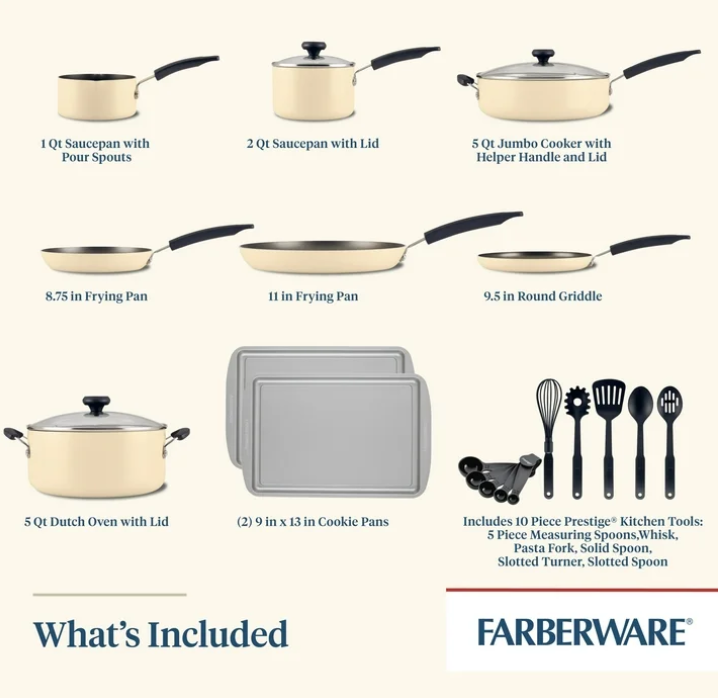Farberware Easy Clean 22 Piece Nonstick Aluminum Cookware Set, Almond