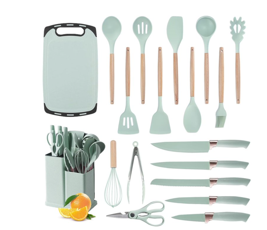 ACMETOP 19 Pieces Kitchen Utensils Set-11 Silicone Cooking Utensils Set, 6 Stainless Steel Sharp Knife set, 2 Cutting Board and Holder