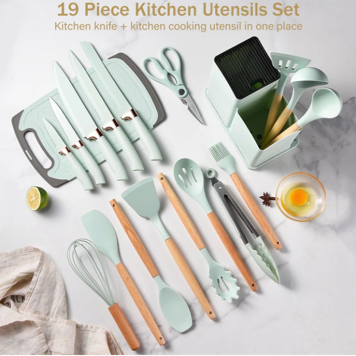 ACMETOP 19 Pieces Kitchen Utensils Set-11 Silicone Cooking Utensils Set, 6 Stainless Steel Sharp Knife set, 2 Cutting Board and Holder