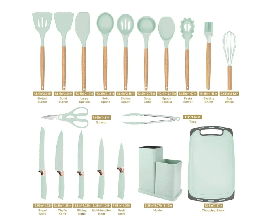 ACMETOP 19 Pieces Kitchen Utensils Set-11 Silicone Cooking Utensils Set, 6 Stainless Steel Sharp Knife set, 2 Cutting Board and Holder