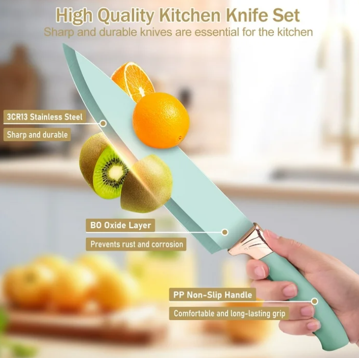ACMETOP 19 Pieces Kitchen Utensils Set-11 Silicone Cooking Utensils Set, 6 Stainless Steel Sharp Knife set, 2 Cutting Board and Holder