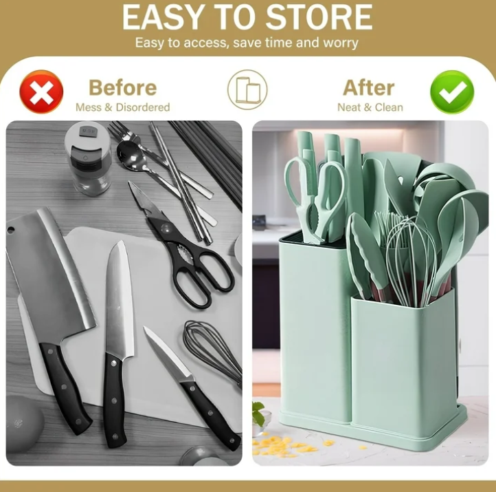 ACMETOP 19 Pieces Kitchen Utensils Set-11 Silicone Cooking Utensils Set, 6 Stainless Steel Sharp Knife set, 2 Cutting Board and Holder