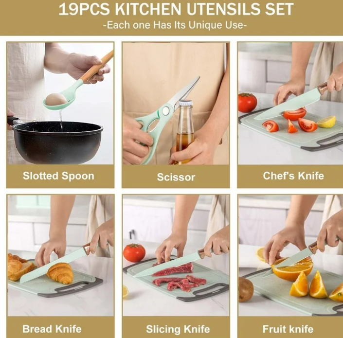 ACMETOP 19 Pieces Kitchen Utensils Set-11 Silicone Cooking Utensils Set, 6 Stainless Steel Sharp Knife set, 2 Cutting Board and Holder