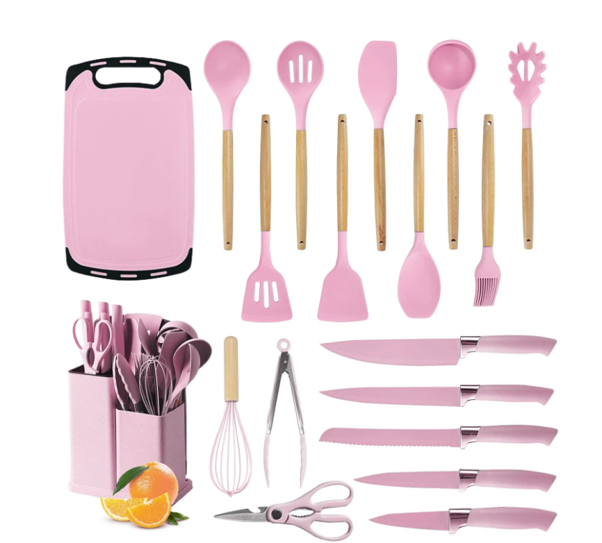 ACMETOP 19 Pieces Kitchen Utensils Set-11 Silicone Cooking Utensils Set, 6 Stainless Steel Sharp Knife set, 2 Cutting Board and Holder