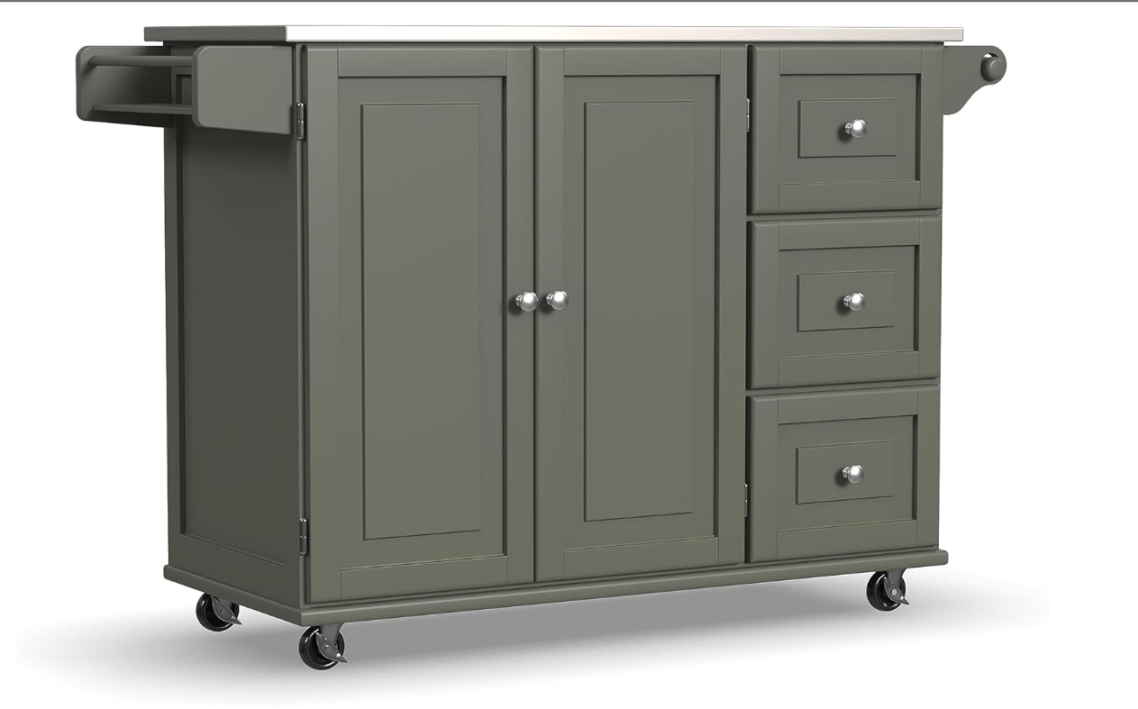 Mobile Kitchen Island Cart with Stainless Steel Top – Sage Green Finish, Rolling Storage Cabinet