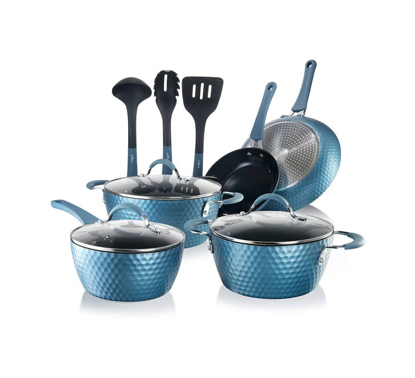 NutriChef 11 Piece Nonstick Diamond Pattern Kitchen Cookware Set, Dark Blue