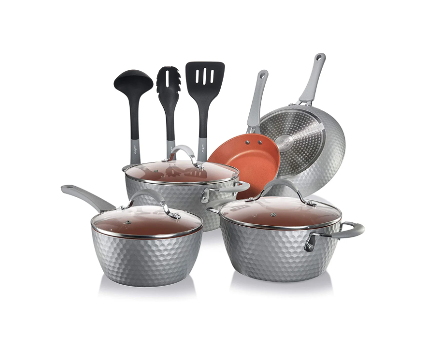 NutriChef 11 Piece Nonstick Diamond Pattern Kitchen Cookware Set, Dark Blue