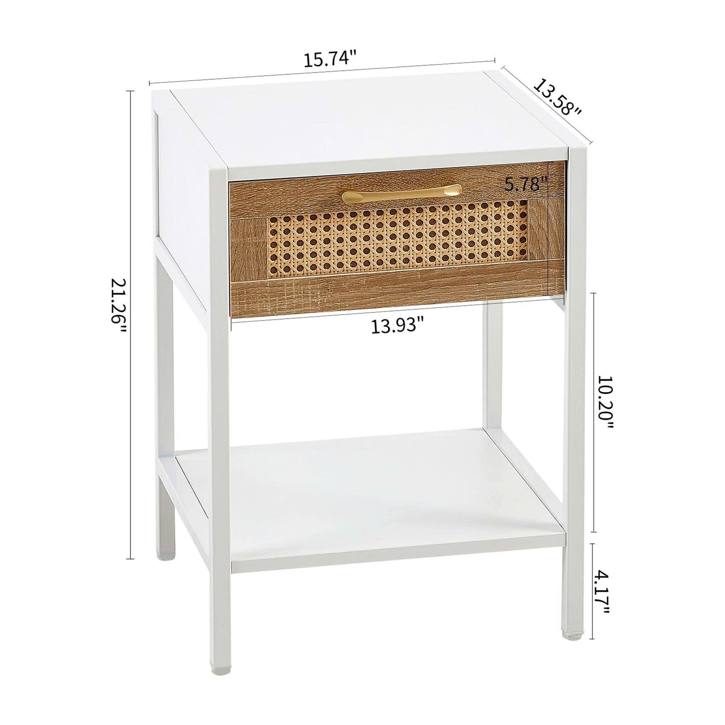 15.74" Rattan Nightstand with Drawer - Modern Bedside Table, Metal Legs, Storage Cabinet for Living Room, Bedroom, White (1 PC)