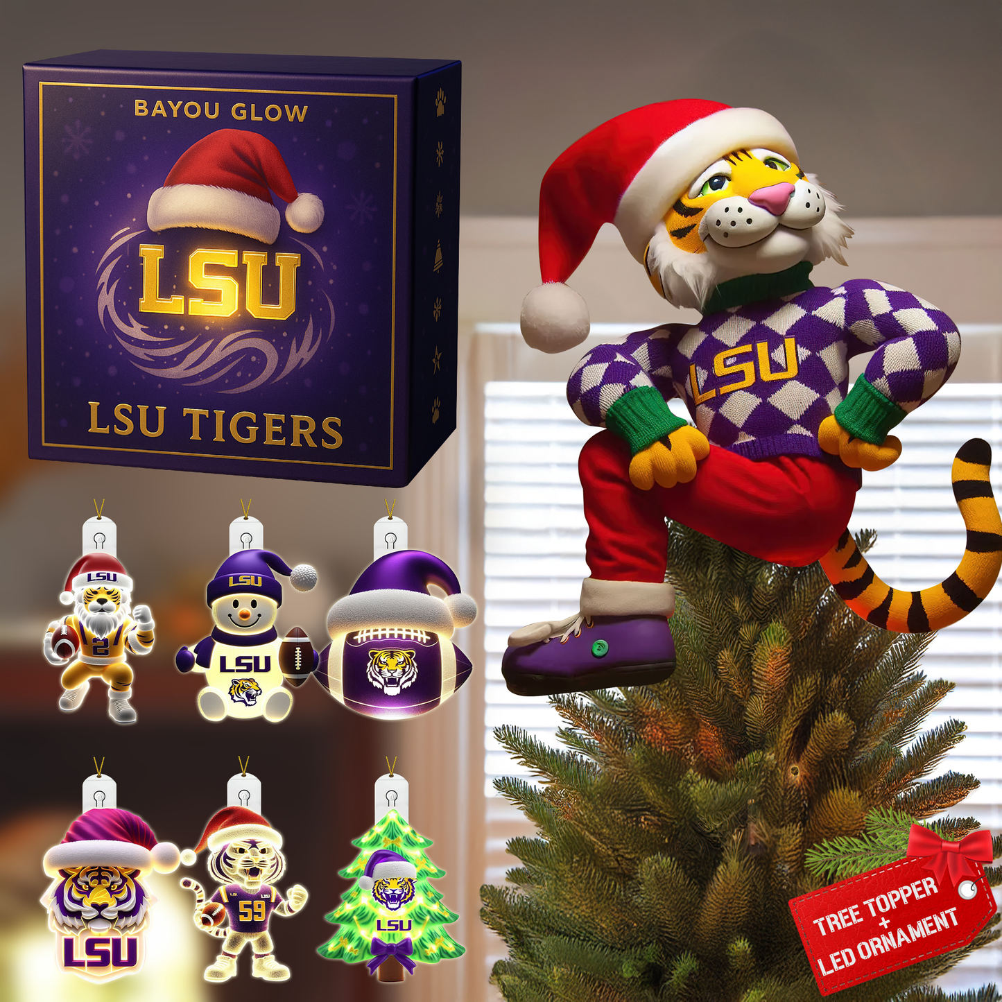 COMBO LSU CHRISTMAS TREE TOPPER WITH LED ORNAMENT LNTH
