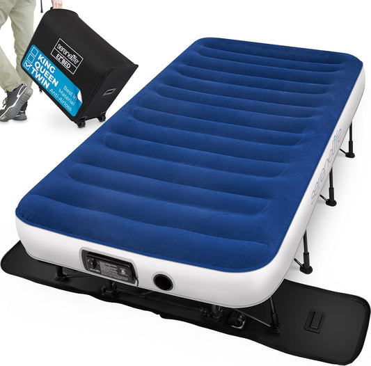 EZ Bed Twin Air Mattress with Built-in Pump – Self-Inflating Airbed with Folding Frame and Rolling Case, Ideal for Travel & Guest Hosting