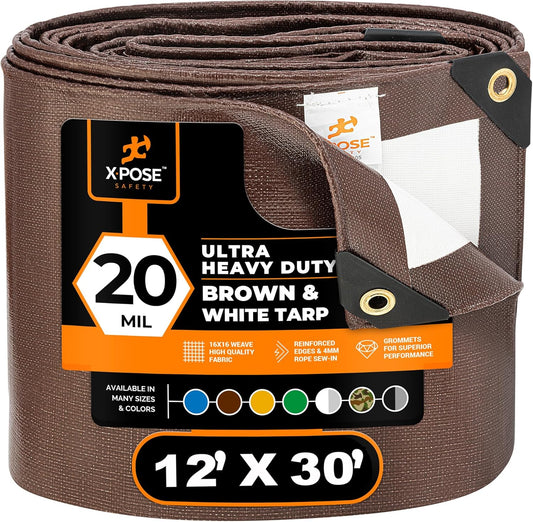 12' x 30' Heavy Duty Brown/White Tarp – 20 Mil Waterproof Outdoor Tarp, UV Protection, Reinforced Corners for Rain, Camping, Tent Cover