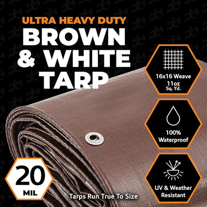 12' x 30' Heavy Duty Brown/White Tarp – 20 Mil Waterproof Outdoor Tarp, UV Protection, Reinforced Corners for Rain, Camping, Tent Cover