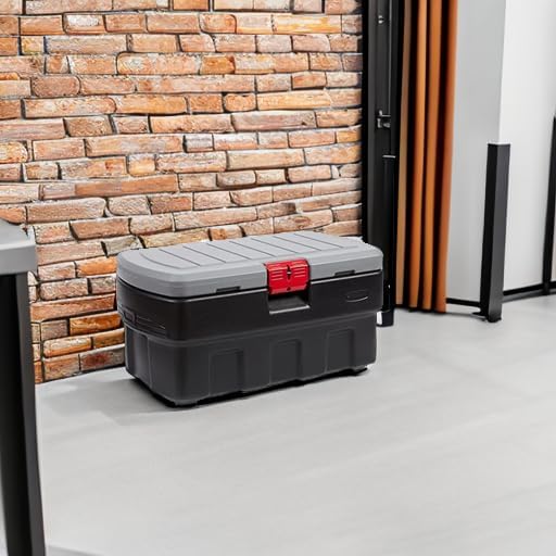 ActionPacker 35-Gallon Lockable Storage Bin with Wheels – Rugged Plastic Container for Outdoor, Camping & Truck Bed (Gray/Black)