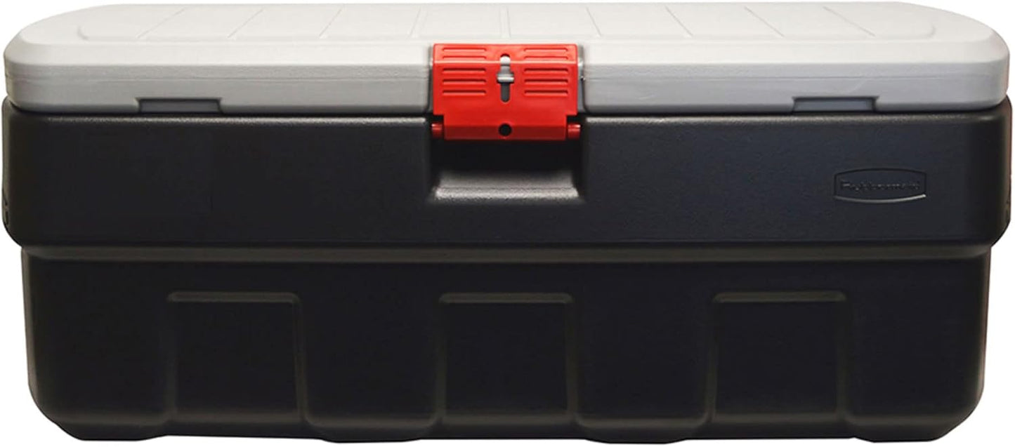 ActionPacker 35-Gallon Lockable Storage Bin with Wheels – Rugged Plastic Container for Outdoor, Camping & Truck Bed (Gray/Black)