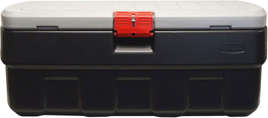 ActionPacker 35-Gallon Lockable Storage Bin with Wheels – Rugged Plastic Container for Outdoor, Camping & Truck Bed (Gray/Black)