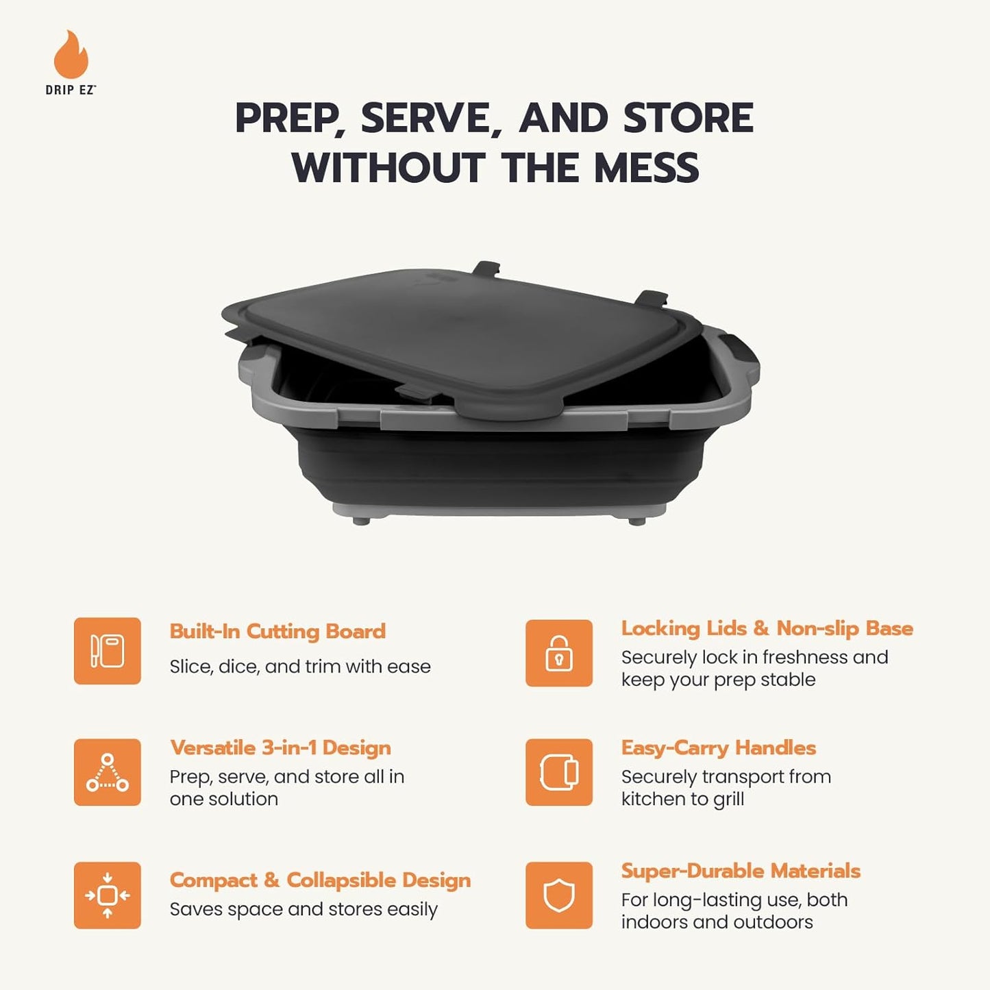3-Piece Collapsible BBQ Prep Tubs Set – Meal Prep, Marinating & Food Storage with Cutting Board & Lid (JR, OG, XL) – Orange