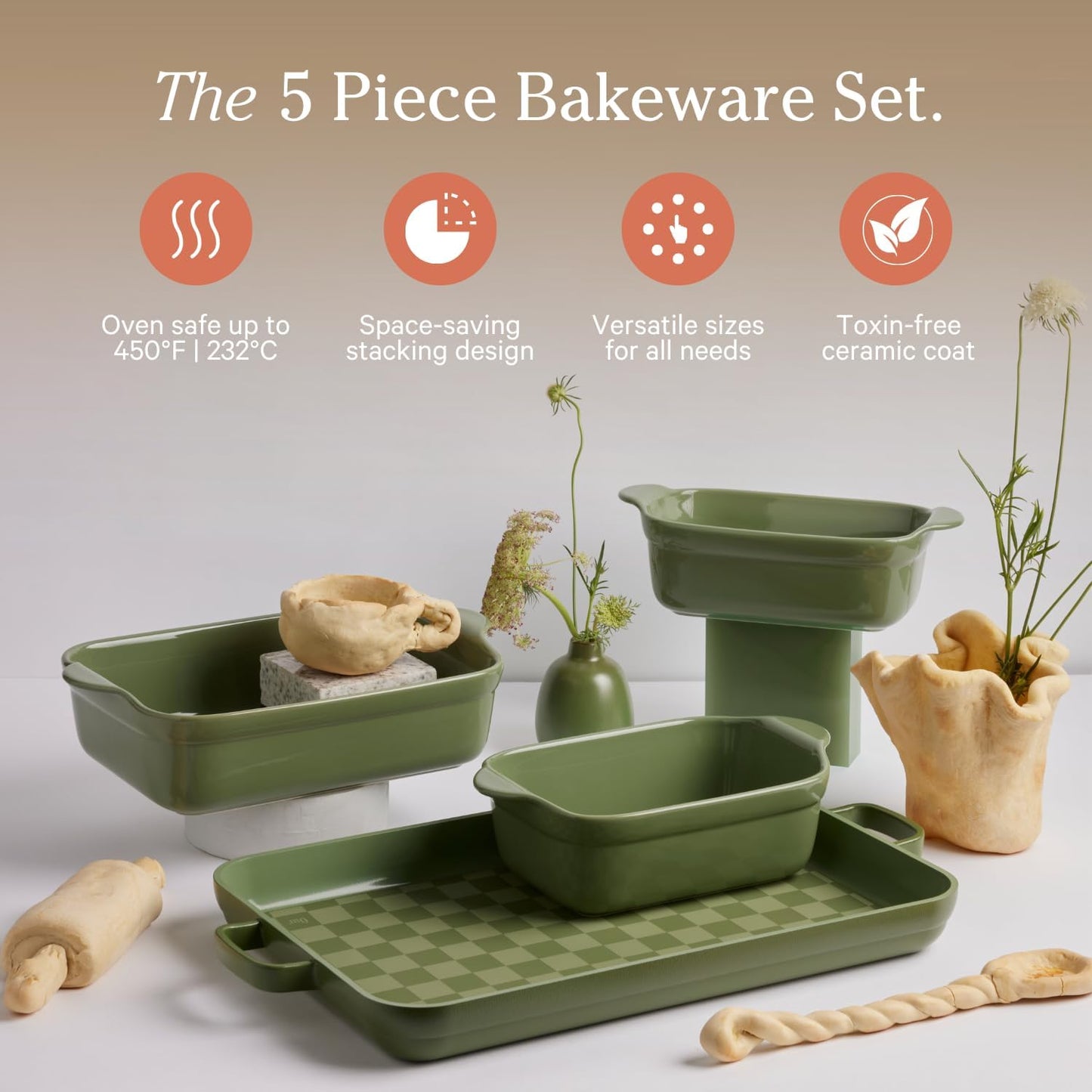 5-Piece Nonstick Ceramic Bakeware Set – Toxin-Free Cast Aluminum with Oven Pan, Bakers & Mat