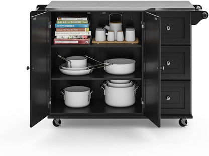 Mobile Kitchen Island Cart with Stainless Steel Top – Sage Green Finish, Rolling Storage Cabinet