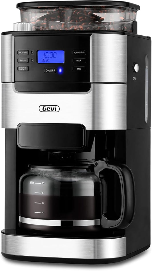 10-Cup Programmable Drip Coffee Maker with Built-in Burr Grinder – Timer, Reusable Filter, 1.5L Water Tank & Warming Plate