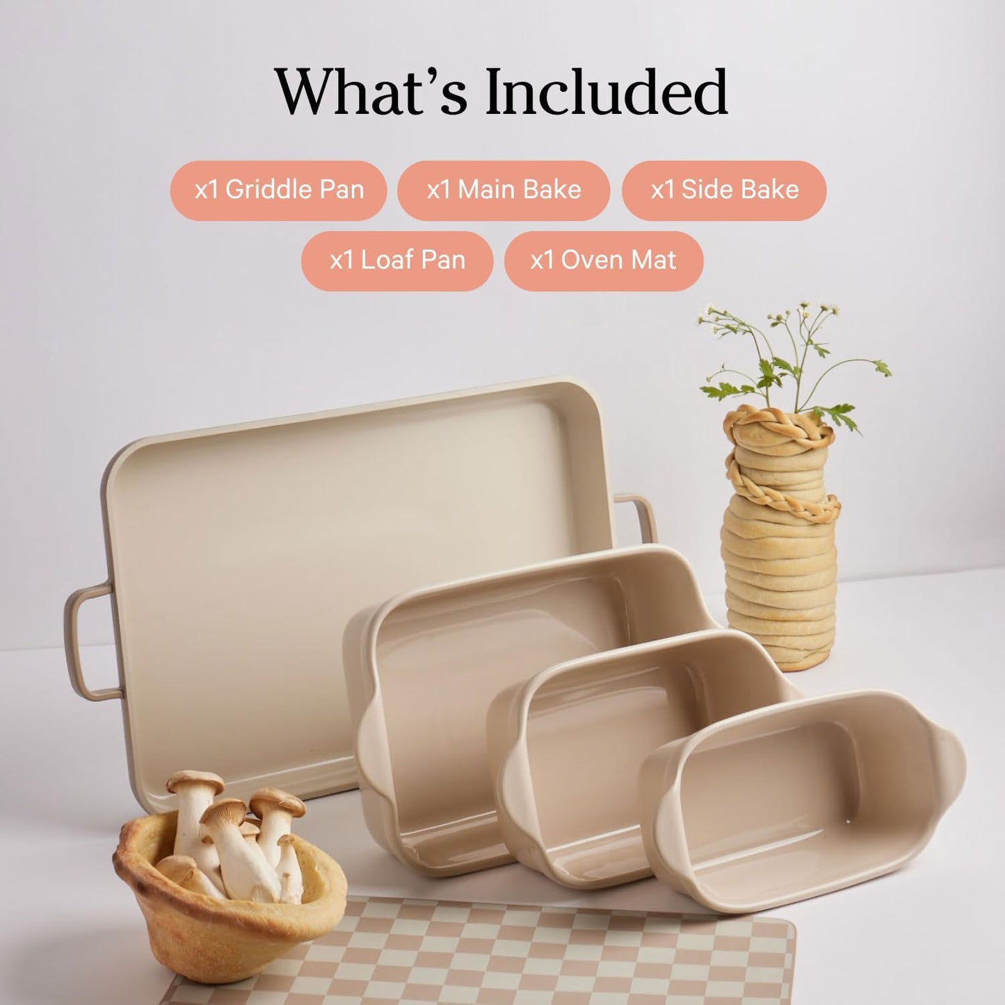 5-Piece Nonstick Ceramic Bakeware Set – Toxin-Free Cast Aluminum with Oven Pan, Bakers & Mat