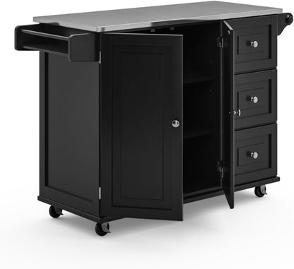 Mobile Kitchen Island Cart with Stainless Steel Top – Sage Green Finish, Rolling Storage Cabinet