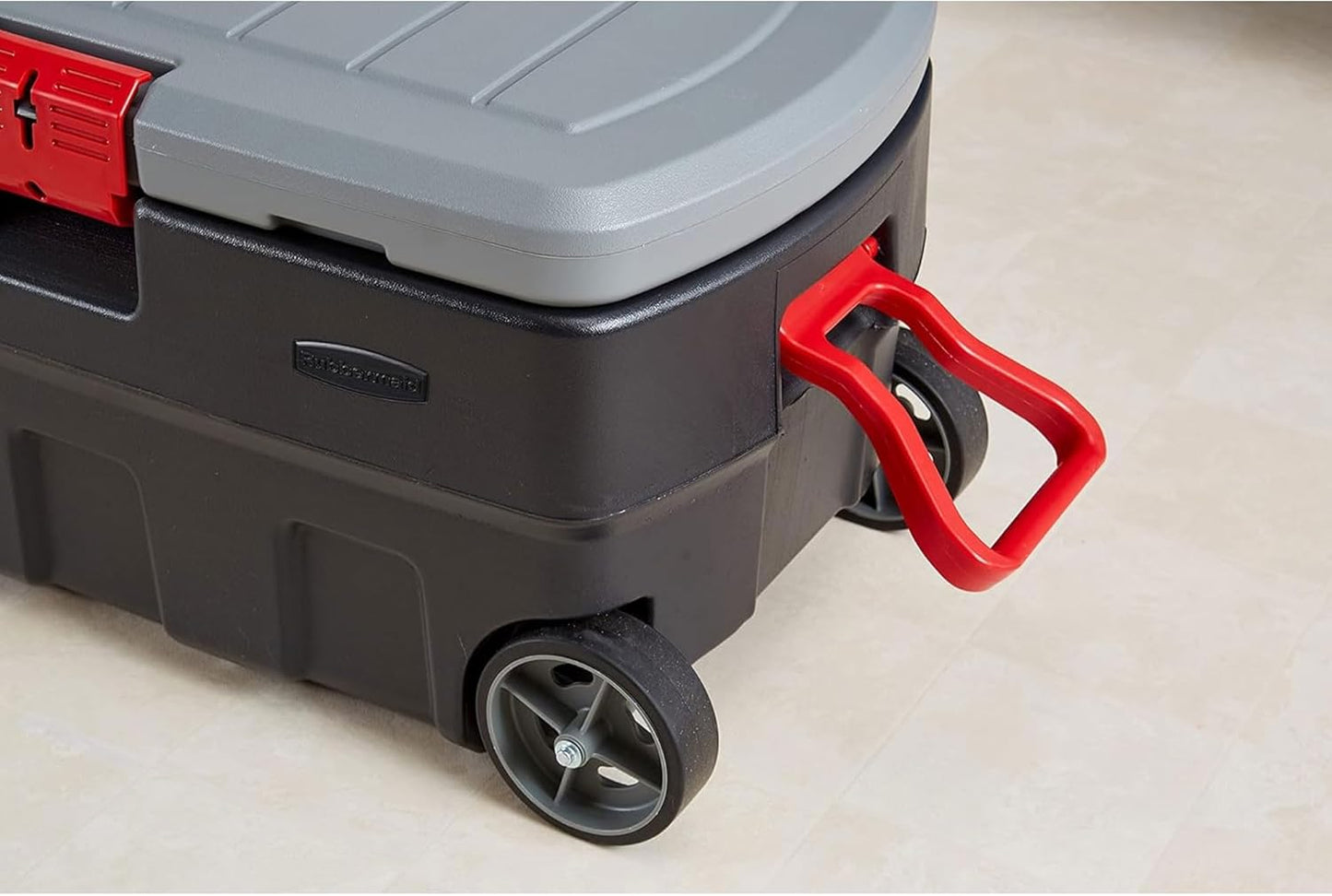 ActionPacker 35-Gallon Lockable Storage Bin with Wheels – Rugged Plastic Container for Outdoor, Camping & Truck Bed (Gray/Black)