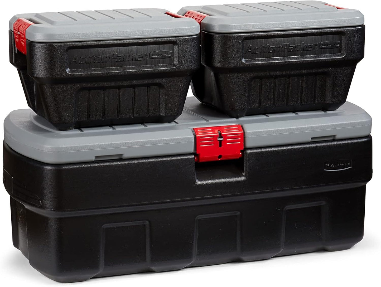 ActionPacker 35-Gallon Lockable Storage Bin with Wheels – Rugged Plastic Container for Outdoor, Camping & Truck Bed (Gray/Black)