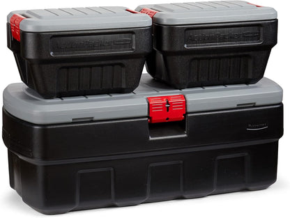 ActionPacker 35-Gallon Lockable Storage Bin with Wheels – Rugged Plastic Container for Outdoor, Camping & Truck Bed (Gray/Black)