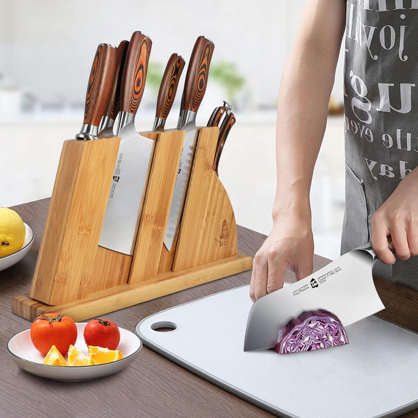 8-Piece Kitchen Knife Set – Forged German X50CrMoV15 Steel, Full Tang, Pakkawood Handles & Wooden Block (Fiery Phoenix Series)