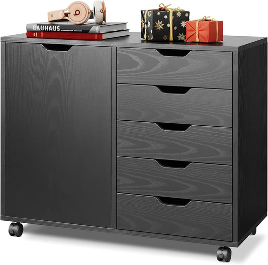 5-Drawer Wood Dresser Cabinet with Door – Mobile Storage & Printer Stand for Home Office