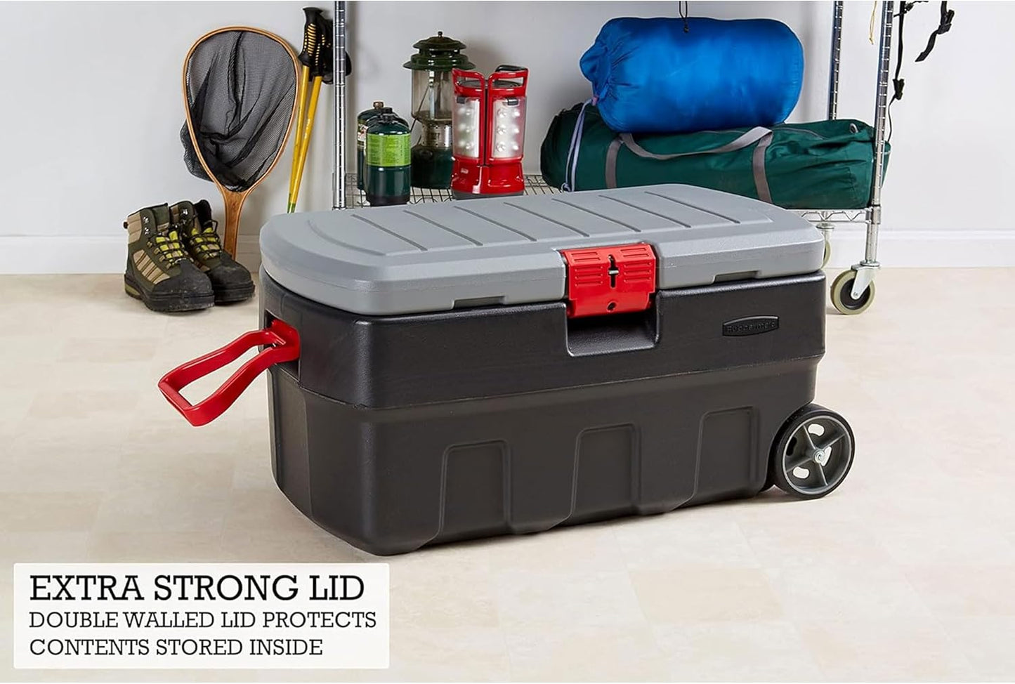 ActionPacker 35-Gallon Lockable Storage Bin with Wheels – Rugged Plastic Container for Outdoor, Camping & Truck Bed (Gray/Black)