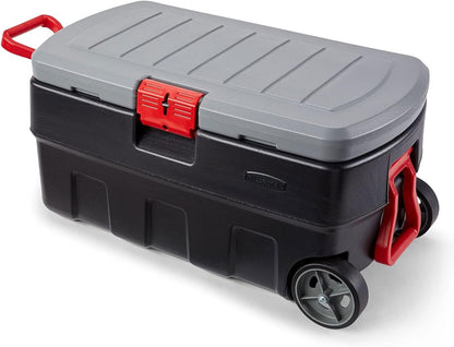 ActionPacker 35-Gallon Lockable Storage Bin with Wheels – Rugged Plastic Container for Outdoor, Camping & Truck Bed (Gray/Black)